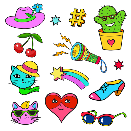 Background with fashion patch badges. Hat, hearts, cats, cherry; cactus; shoe and other elements. Comic book style vector stickers, pins, patchesのイラスト素材