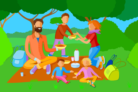 Colorful flat style family dined on the background of nature. Father, mother and childrenのイラスト素材