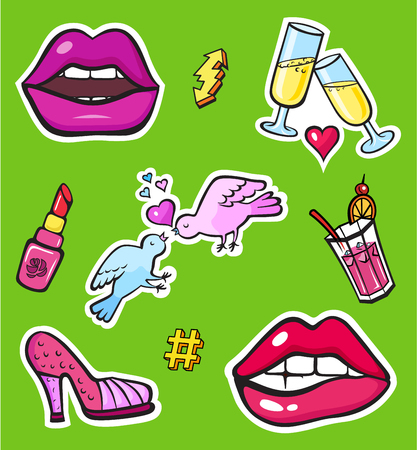 Background with fashion patch badges. Lips, heart, birds and other. Comic book style vector stickers, pins, patchesのイラスト素材