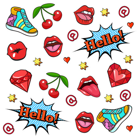 Background with fashion patch badges. Lips, hearts, hand gesture, eyes and other elements. Comic book style vector stickers, pins, patchesのイラスト素材