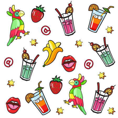 Background with fashion patch badges. Lips, hearts, parrot, banana, cocktails and other elements. Comic book style vector stickers, pins, patchesのイラスト素材