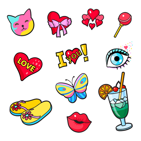 Set of fashion summer patch badges. Cat, heart, flip flops, cocktail, lips, eye, butterfly and other elements. Comic book style vector stickers, pins, patchesのイラスト素材