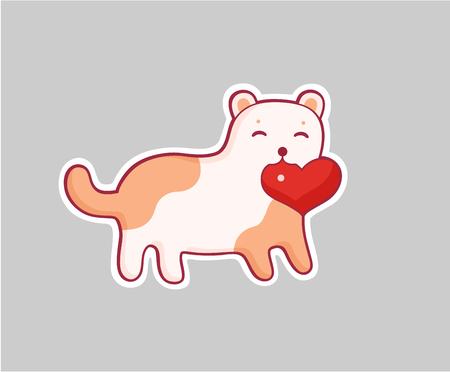 Love sticker in cartoon style. A cat wishes to give his beloved his heart. Cartoon style vector pin, patchのイラスト素材