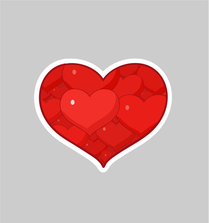 Love sticker in cartoon style. The many hearts at the heart shape. Cartoon style vector pin, patchのイラスト素材