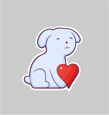Love sticker in cartoon style. A dog wishes to give his beloved his heart. Cartoon style vector pin, patchのイラスト素材