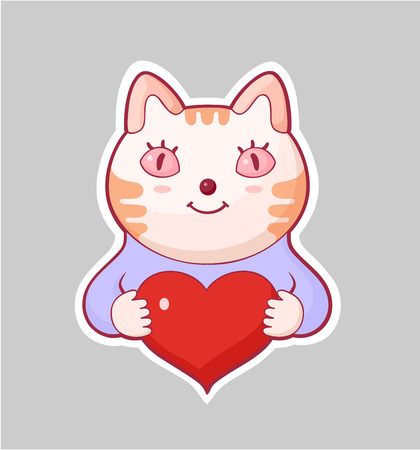 Love sticker in cartoon style. A cat wishes to give his beloved his heart. Cartoon style vector pin, patchのイラスト素材