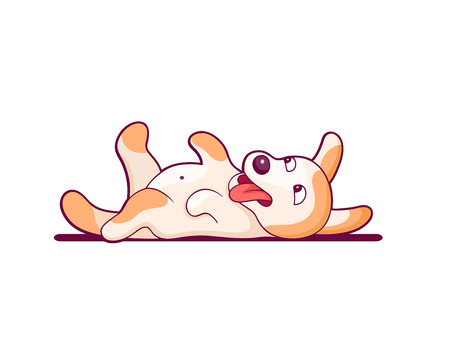 Sticker in cartoon style. Small dog lying on the floor and having fun resting. Cartoon style vector pin, patchのイラスト素材