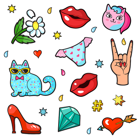 Background with fashion patch badges. Lips, hearts, hand gesture, shoe, cats and other elements. Comic book style vector stickers, pins, patchesのイラスト素材