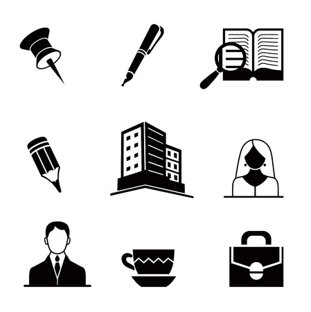 Set of office and business vector black icons. Simple style icons such as office man, cup, ink pen, pencil and otherのイラスト素材