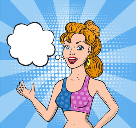 Comic style blond woman says a speech bubble. Pop art style vector illustrationのイラスト素材