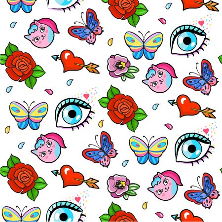 Semless background with fashion patch badges. Rose, butterflies, eyes, hearts, cats and other elements. Comic book style vector stickers, pins, patchesのイラスト素材