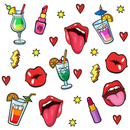 Background with fashion patch badges. Lips, hearts, lipstick, cocktails, stars. Comic book style vector stickers, pins, patchesのイラスト素材