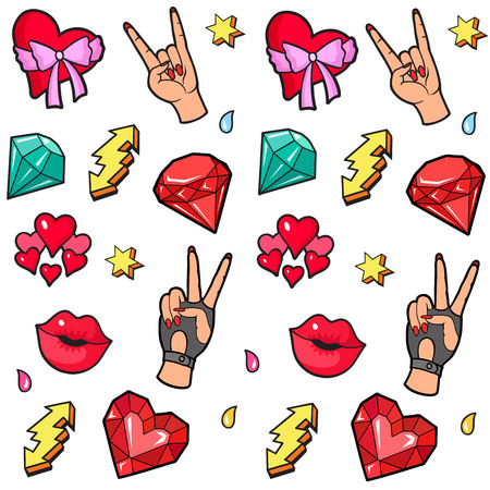 Background with fashion patch badges. Lips, hearts, hand gesture, crystals, electric lightning. Comic book style vector stickers, pins, patchesのイラスト素材