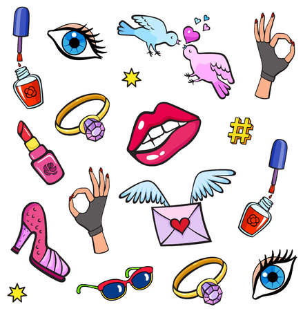 Background with fashion patch badges. Lips, eyes, hand gesture, rings, love birds and other elements. Comic book style vector stickers, pins, patchesのイラスト素材