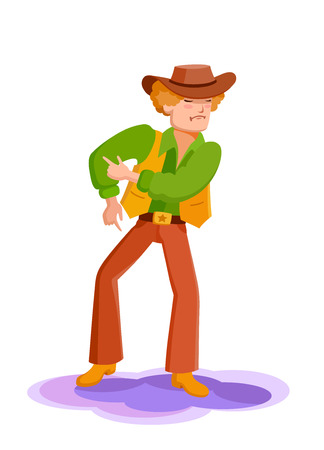 Young man dancing at a disco in the club. Guy in 60s, 70s style clothing, blond haired, in brown pants pincers, hat and green shirtのイラスト素材