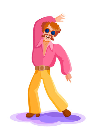 Young man dancing at a disco in the club. Guy in 60s, 70s style clothing, red haired, in yellow pants pincers and pink shirtのイラスト素材