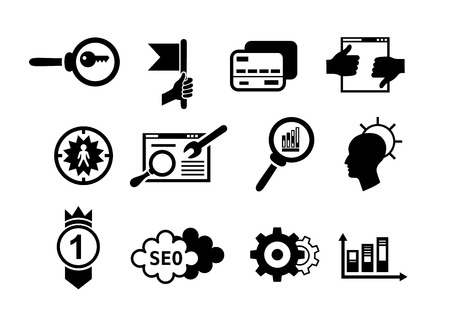 Set of search engine optimization internet marketing vector black icons. Simple style icons such as target management, idea, keyword research, payment method and otherのイラスト素材