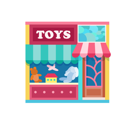 Toy shop front view flat icon, vector illustration. In the shop window there are some toysのイラスト素材