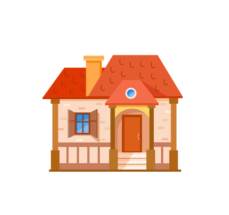 Flat house front icon, vector illustration. Cottage with red roofのイラスト素材