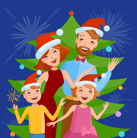 Cute cartoon family celebrates the new year in a Santa claus caps. Father, mother and children, daincing all together one family. Happy family on the background of a Christmas treeのイラスト素材