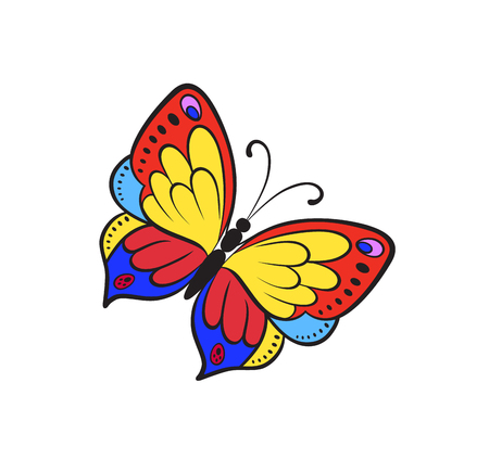 Fashion pop art style butterfly patch badge. Vector sticker, pin, patche in cartoon 80s-90s comic styleのイラスト素材