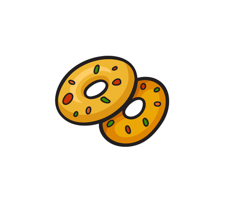 Fast food pop art style donuts patch badge. Vector sticker, pin, patche in cartoon 80s-90s comic styleのイラスト素材