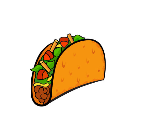 Fast food pop art style taco patch badge. Vector sticker, pin, patche in cartoon 80s-90s comic styleのイラスト素材