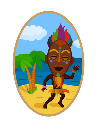 Sticker in ethnic style. Man in a african colorful mask dancing on a background of landscape with palm trees and sea. Ethnic style vector pin, patch.のイラスト素材