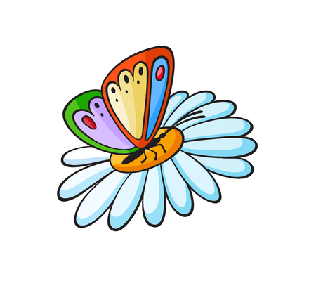 Pop art style colorful butterfly on a flower patch badge. Vector sticker, pin, patch in cartoon 80s-90s comic styleのイラスト素材