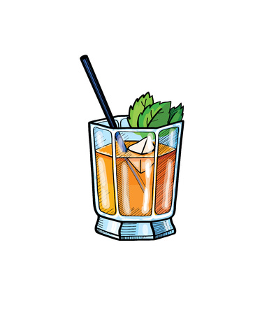 Pop art style cocktail patch badge. Hand drawing alcoholic cocktail illustration. Vintage cocktail icon with ice, orange and leaves of mint, beverage for bar or pub menuのイラスト素材
