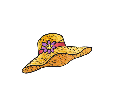 Fashion pop art style straw hat decorated with flower patch badge. Hand drawn vector sticker, pin, patch in cartoon 80s-90s comic styleのイラスト素材