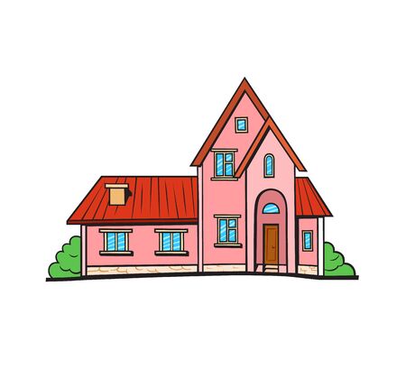 House illustration. Vector sticker, pin, patch in cartoon comic style. Pink color cottage with red roofのイラスト素材