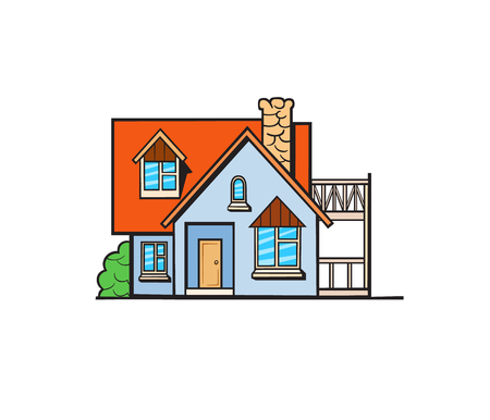 House illustration. Vector sticker, pin, patch in cartoon comic style. Grey color cottage with orange and red roofのイラスト素材