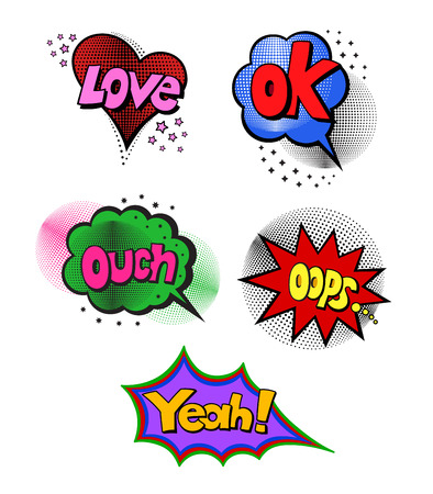 Set of Pop art style comic exclamations. Comic book style illustrations. Words in speech bubble patch badge. Vector fashion sticker, pin, patch in cartoon 80s-90s styleのイラスト素材