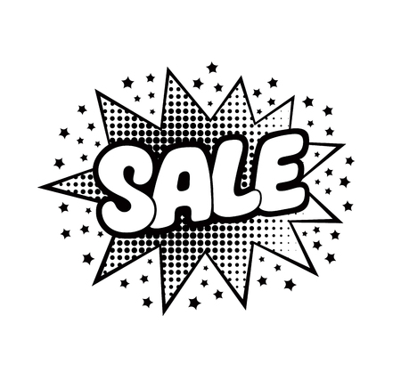 Sale, word in speech bubble patch badge. Comic book style vector sticker, pin, patch in cartoon 80s-90s comic styleのイラスト素材