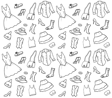 Black and white background with a fashion icons. Trendy clothes, shoes and accessoriesのイラスト素材