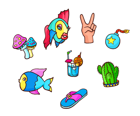 Background with summer cute cartoon stickers. Fish, mushrooms, cocktail and other objects. Comic book style vector stickers, pins, patchesのイラスト素材