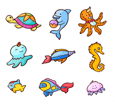 Background with summer cute cartoon stickers for children with sea animals. Inhabitants of a sea. Comic book style vector stickers, pins, patchesのイラスト素材