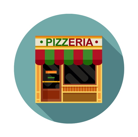 Colorful pizzeria front view flat icon, vector illustration. Icon style facade of a restaurantのイラスト素材