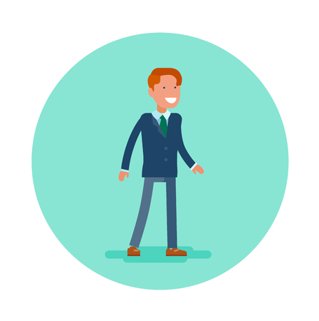 Vector flat icon of an office worker. Young man in blue suit and green tieのイラスト素材