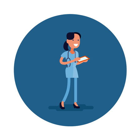Vector flat icon of a doctor. Young woman in blue uniformのイラスト素材