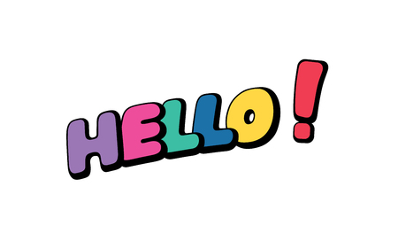 Hello, word in speech bubble patch badge. Comic book style vector sticker, pin, patch in cartoon 80s-90s comic styleのイラスト素材