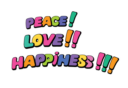 Peace love happiness. Words in speech bubble patch badge. Comic book style vector sticker, pin, patch in cartoon 80s-90s comic styleのイラスト素材