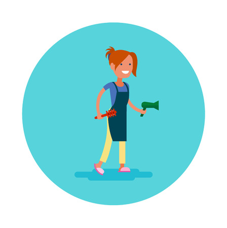 Vector flat icon of a hairdresser. Young woman in apron with hair dryer and hair brushのイラスト素材