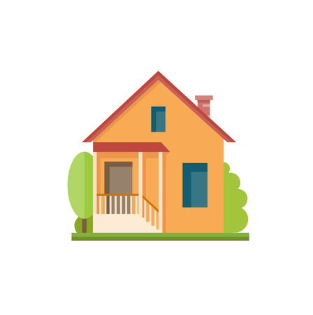 Flat colorful house front icon. Cottage with  porch and orange walls. Modern design structures vector illustrationのイラスト素材