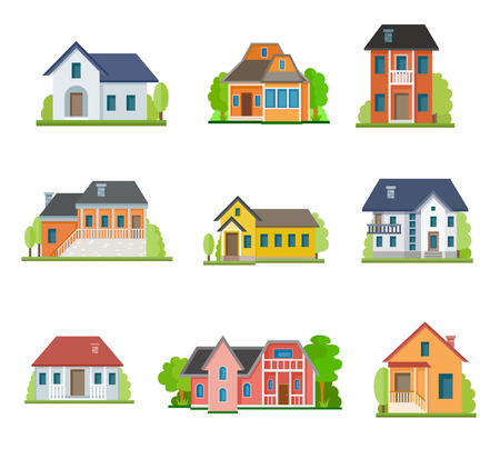 Flat house front icon set, vector illustration. Different types of cottages, residential and guest housesのイラスト素材
