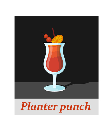Planter punch cocktail menu item or any kind of design. Party drink on the black background, vector illustrationのイラスト素材