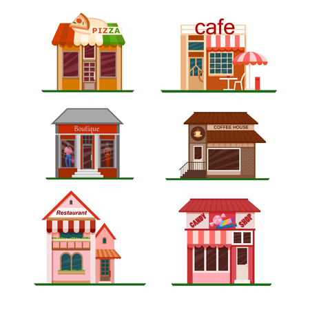 Building flat style icon set. Colorful store and cafe building front view, vector illustrationのイラスト素材