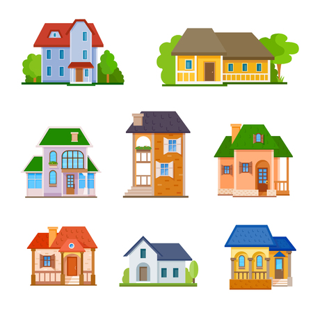 Flat house front icon set, vector illustration. Different types of cottages, residential and guest housesのイラスト素材