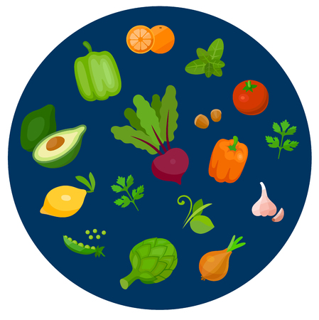 Set of health food icons in a flat style. Vegetables and fruitのイラスト素材